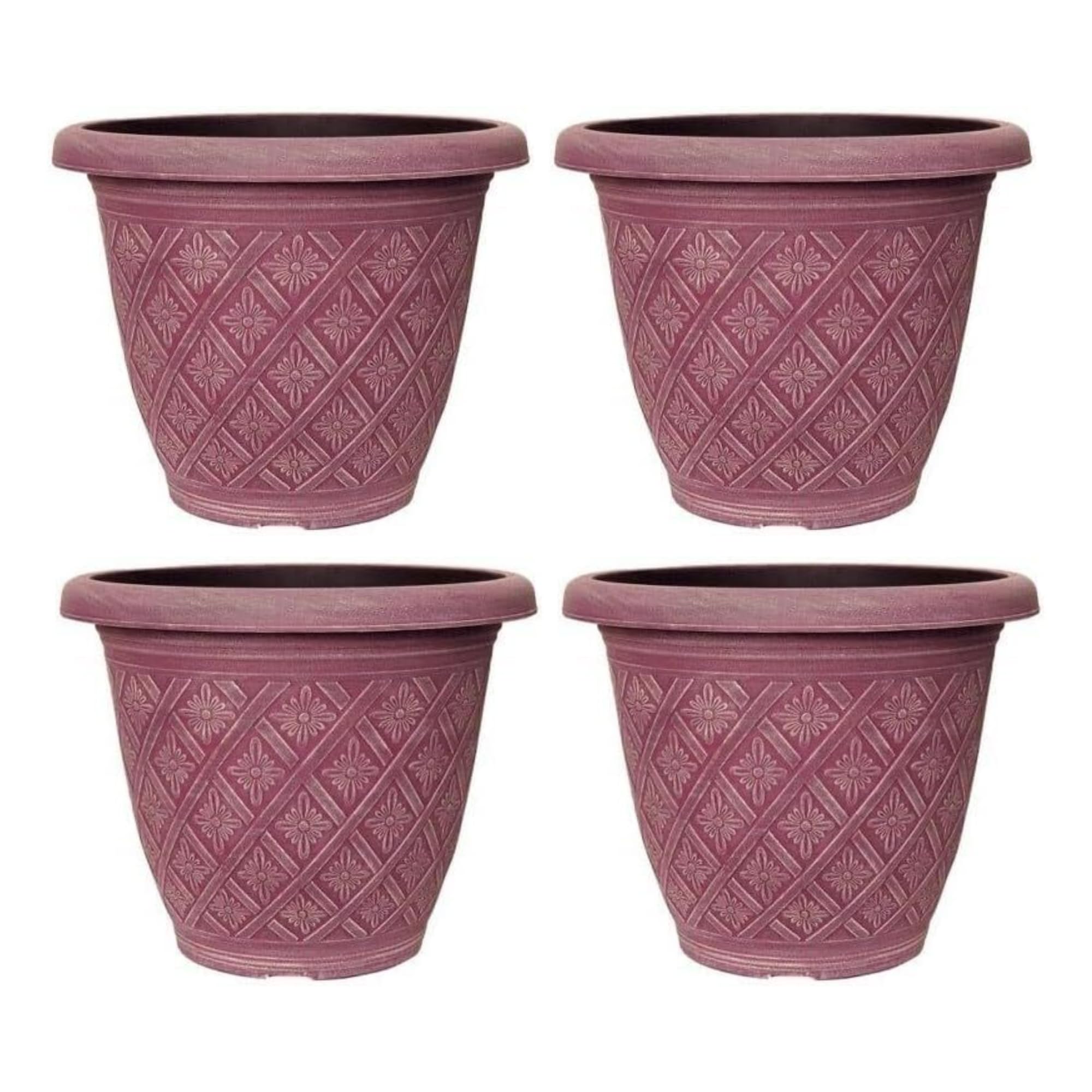 Fyne-Finds Set of 4 Round 33cm,13inch Garden Plant Pot 11Liters Woven Flower Outdoor Decor Planter Frost Proof, Weatherproof, Drainage Hole (Pink)