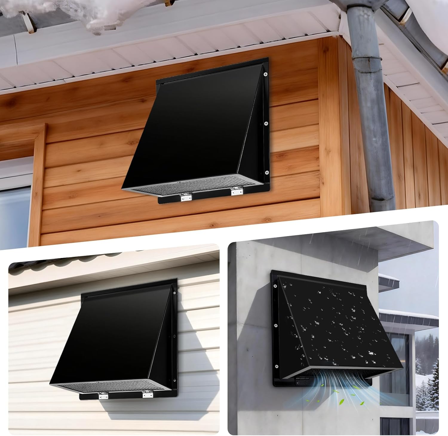 8 Inch Wall Vent Cover with Hood, Screen & Damper, Outdoor Wall Exhaust Vent Cover for Kitchen Range Hood & HVAC Duct, Galvanized Steel, Black