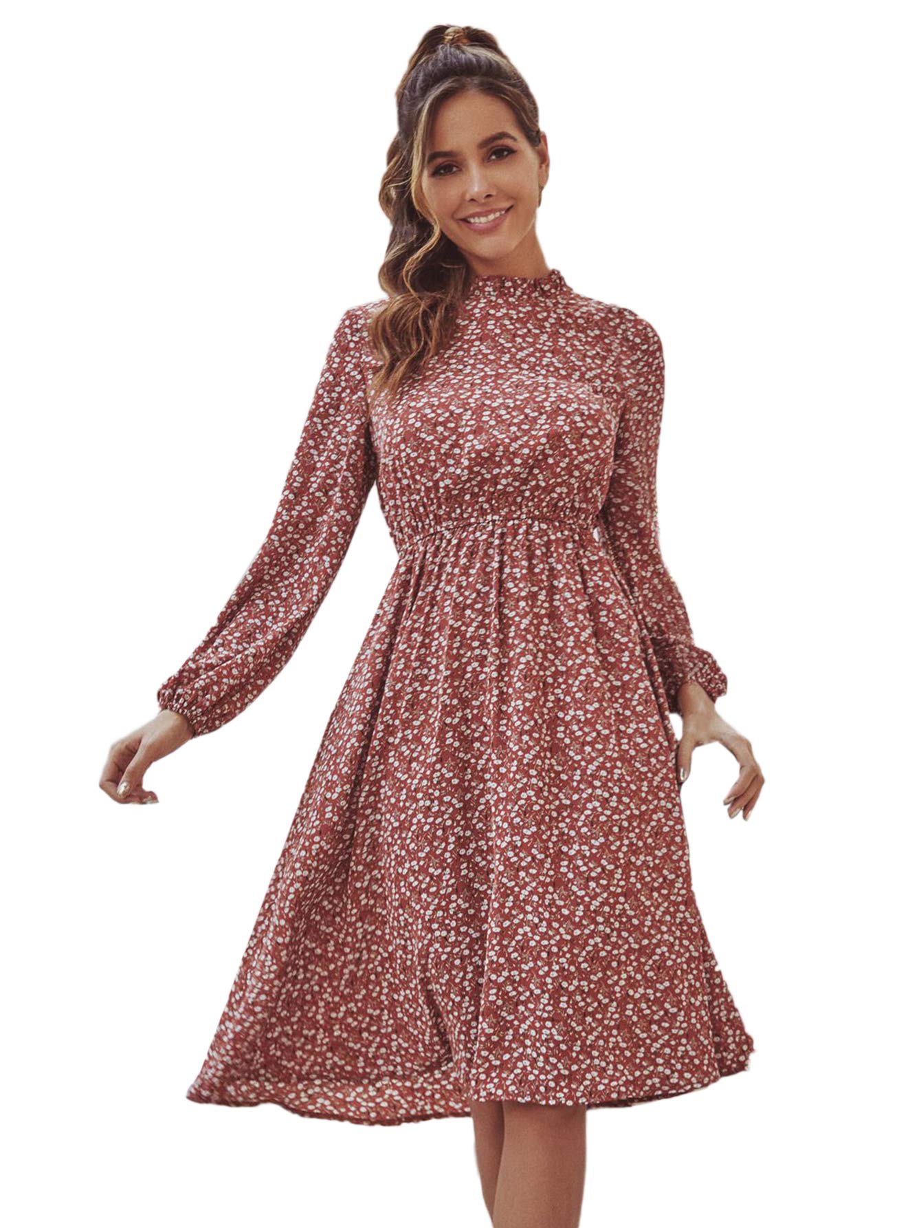 Floernswomens Mock Neck Long Sleeve Floral Print Work Dress
