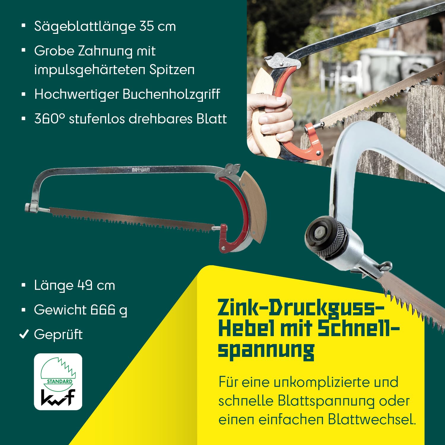 Berger I Bügelsäge 69042 mit Buchenholzgriff und stufenlos drehbarem Sägeblatt I Länge 35 cm I mit Schnellspannung I Baumsäge Handsäge I Astsäge I Made in Germany