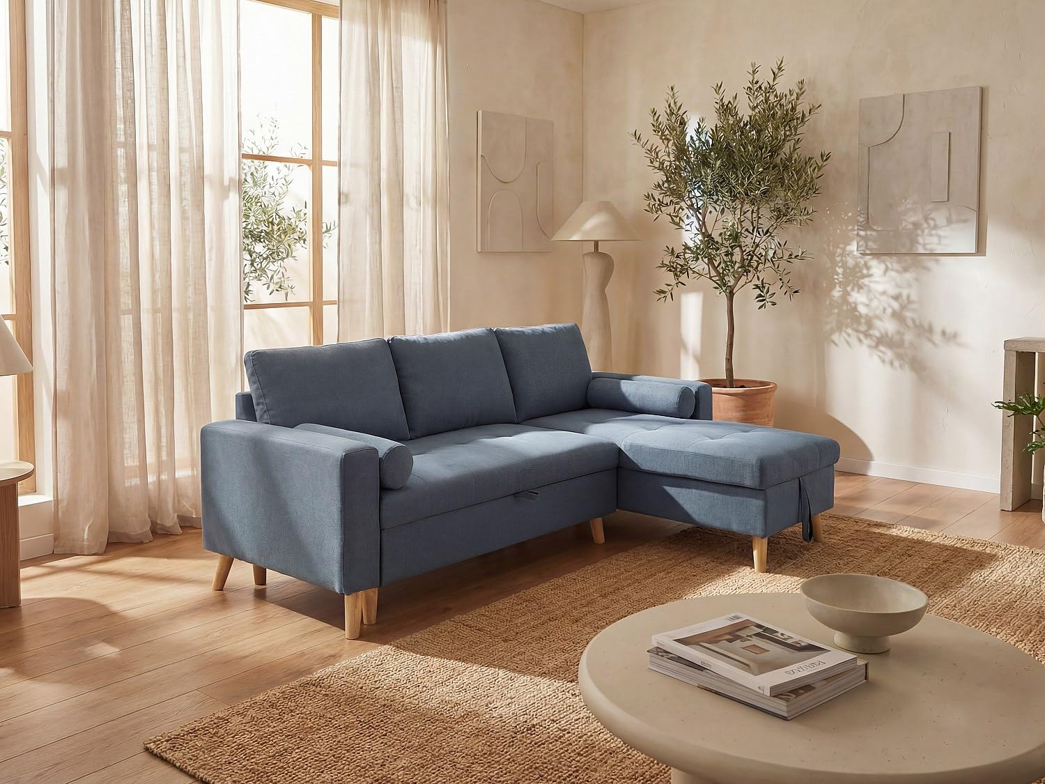 Vente-unique - Divano letto angolare reversibile con contenitore in Tessuto Verde petrolio - KORI