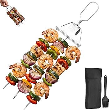 3-Way Grill Skewers, Kabob Sticks,Metal Skewers for Kabobs, 14.7" Stainless Steel BBQ Skewer with Push-Off Slider, 2026 New Skewers for Grilling, Outdoor Grill Accessories for Meat 1 Fork + Brush