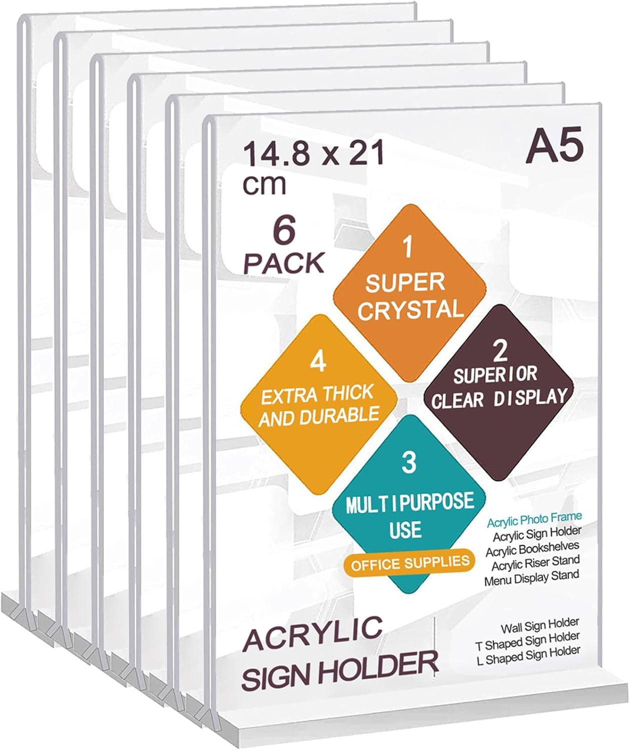 SWYFT ESSENTIALS A5 T-Shaped Acrylic Sign Holder Pack of 6 Double Sided Display Stands for Menus, Promotions & Photos Clear Holders for Office, Stores, Restaurants, and Events (A5)