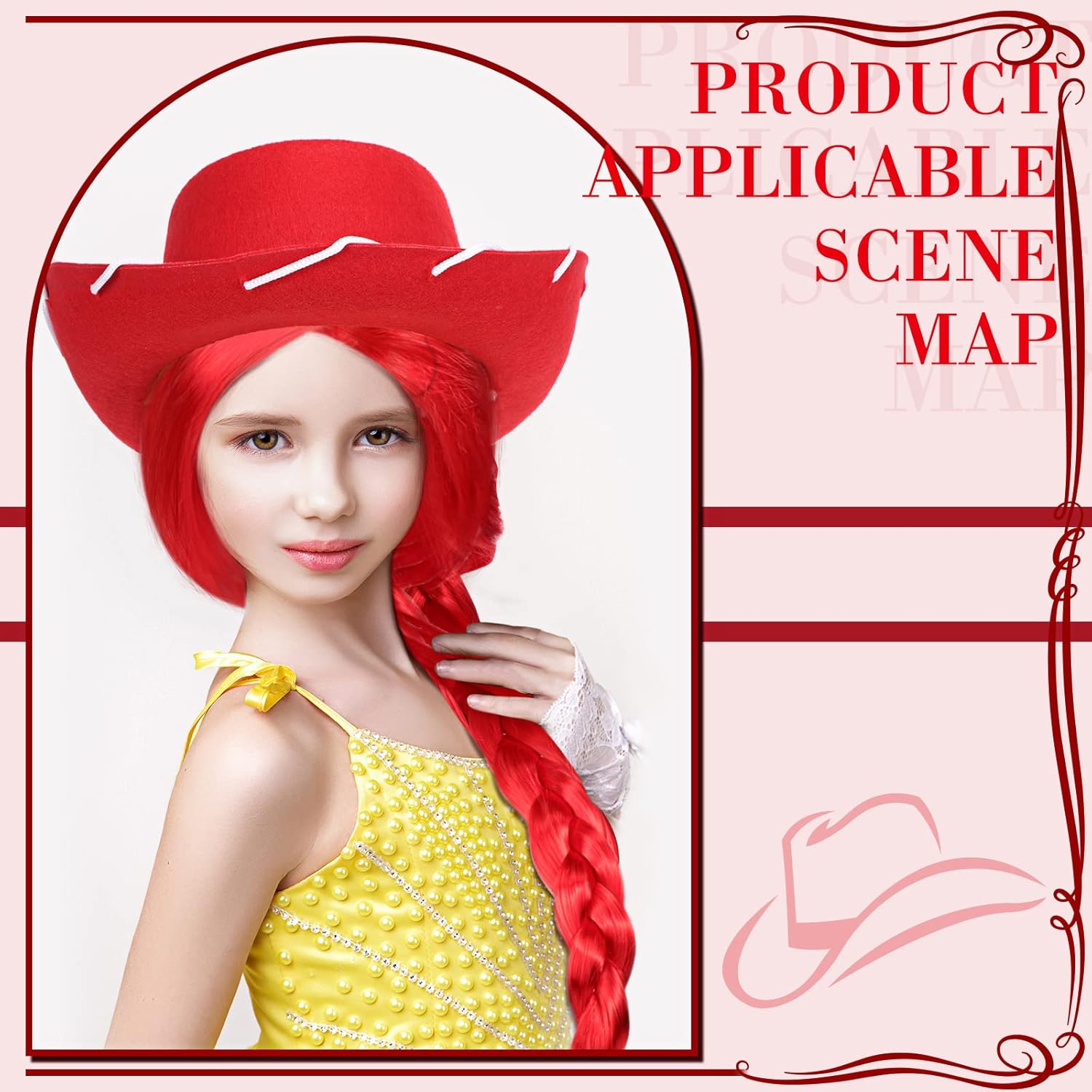 2 Pcs Long Red Braids Wig with Western Cowboy Hats Cowgirl Cosplay Costume for Kids Cowgirl Halloween Cosplay Costume