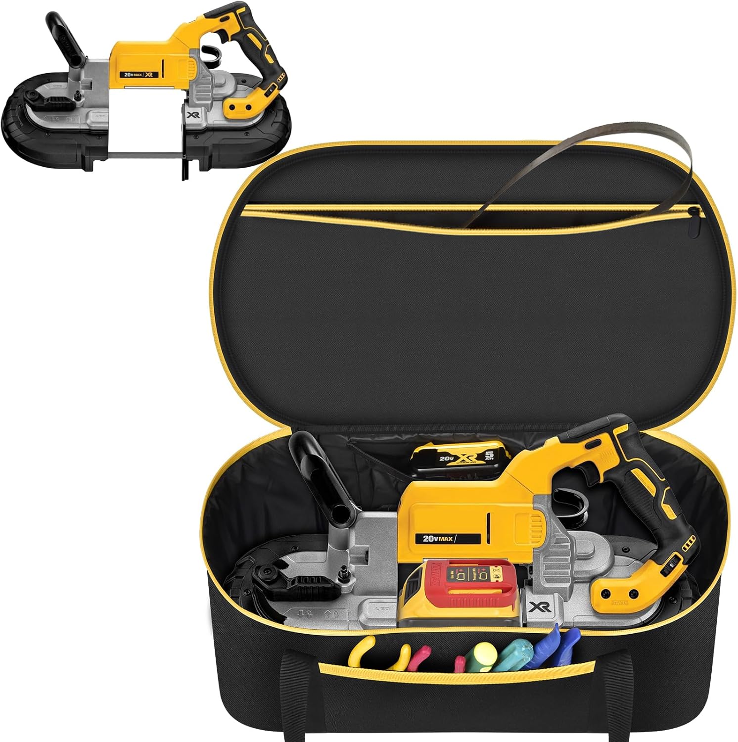 Storage Bag for DEWALT DCS374B 20V MAX Band Saw - Custom Fit Organizer with Accessory Pockets for Bare Tool, Blades, Batteries & Charger (Case Only)-Yellow Zipper