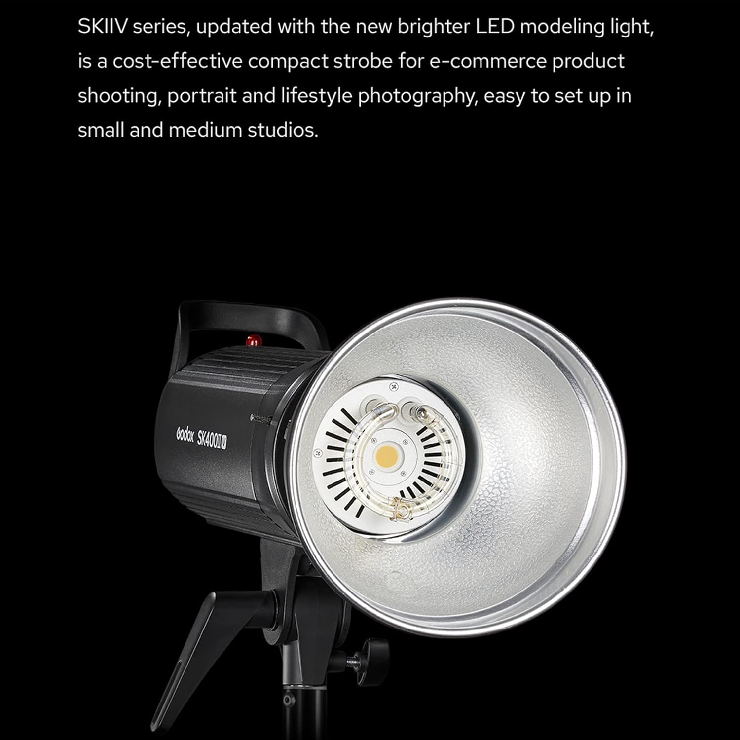 Godox SK300IIV Monolight Flash mounted on a light stand