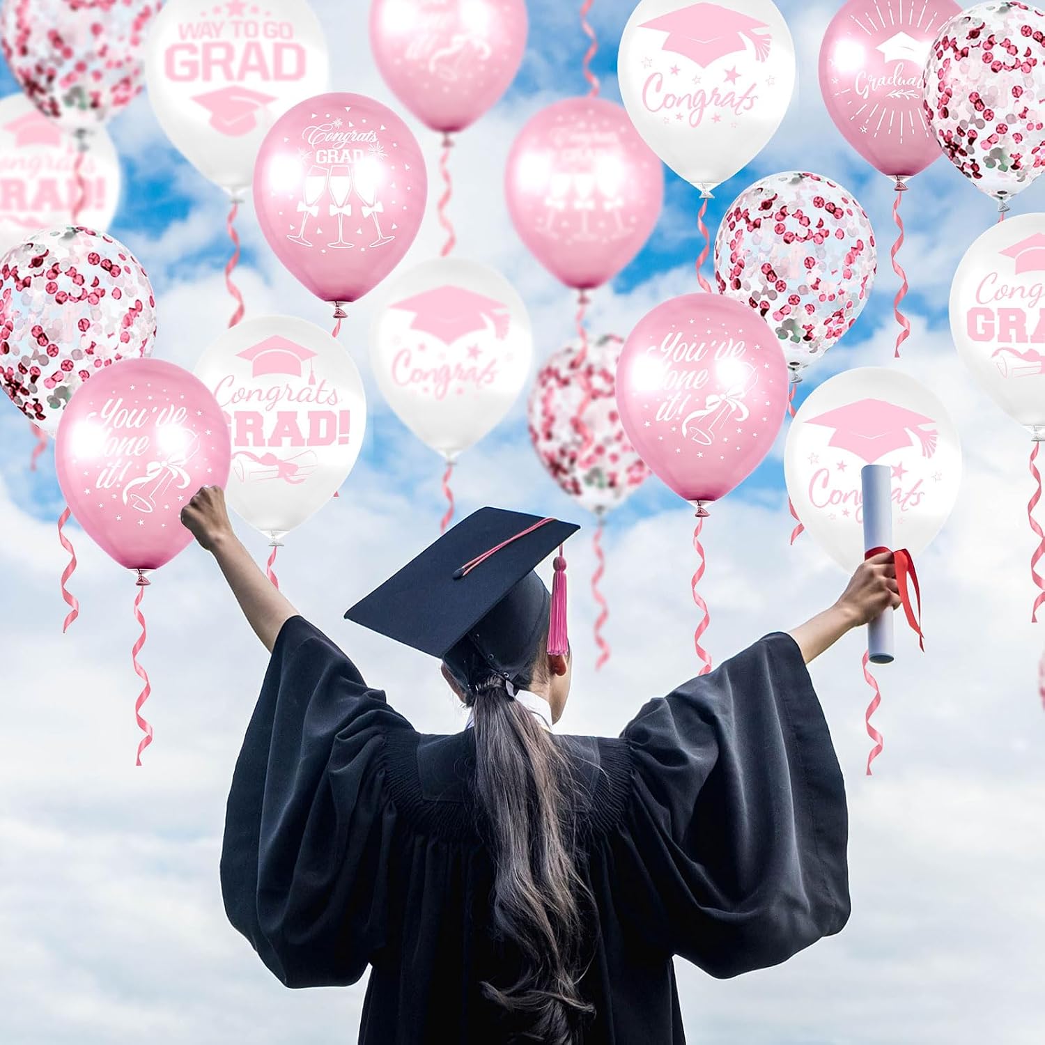 Whaline 60Pcs Graduation Party Balloon Set 7 Designs Confetti Latex Balloon with 2 Rolls Ribbon Class of 2026 Grad Cap Congrats Grad Balloons for Graduation Party Decoration Supplies (Pink, White)