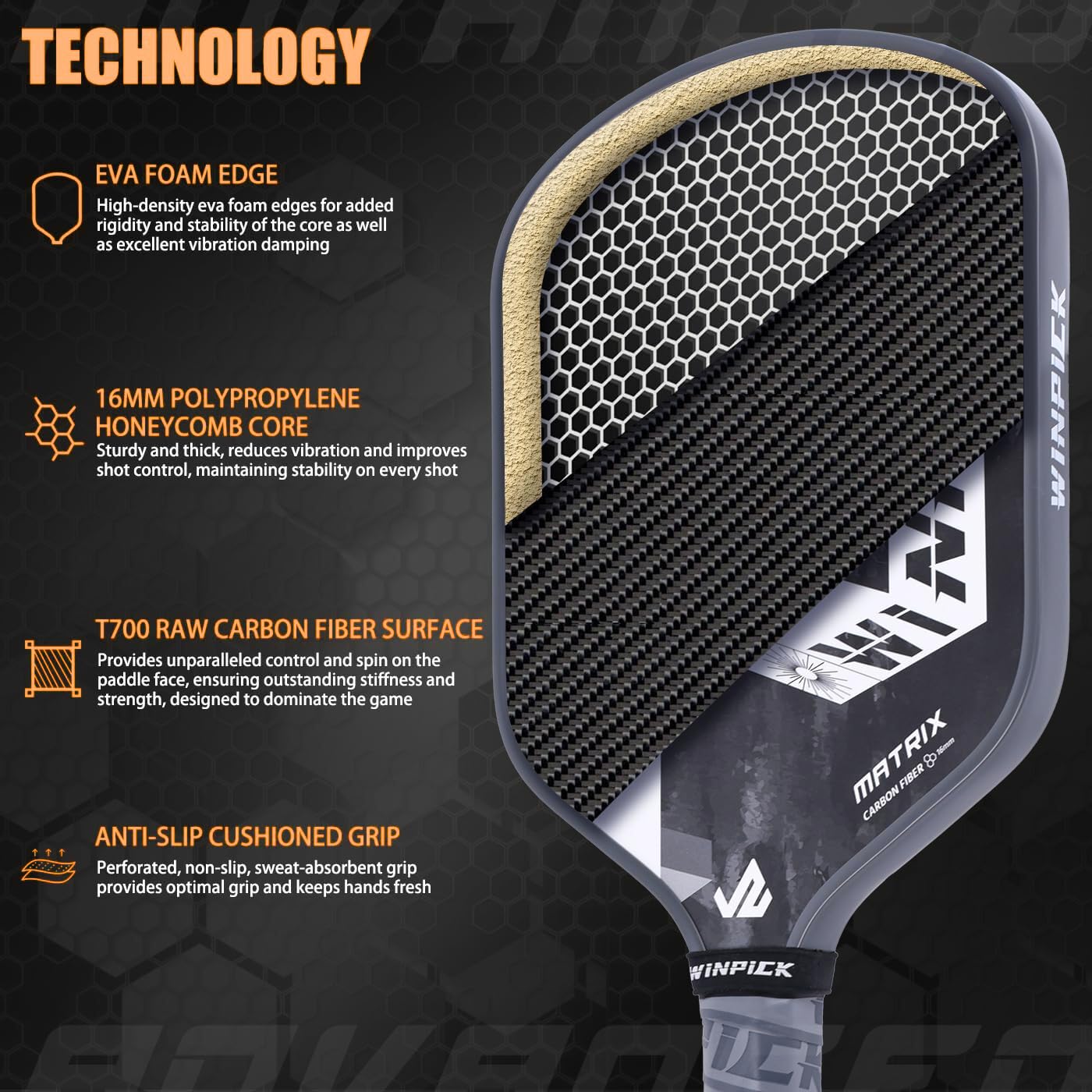 Pickleball Paddle, T700 Carbon Fiber Surface Thermoformed Pickleball Paddles with Foam Injected Walls, PP Honeycomb Core, Stable Performance Control & Power Pickleball Racket (T-White)