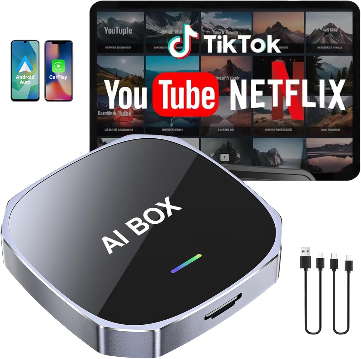 2-in-1 Wireless Apple CarPlay&Android Auto Adapter 2025, Magic AI Box Streaming Dongle Support Netflix/YouTube, Plug&Play, Car Play Wireless Adapter, Only Fit for Cars with Wired CarPlay/Android Auto