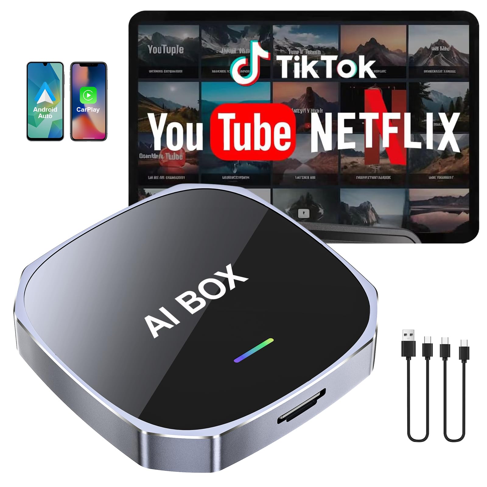 2-in-1 Wireless Apple CarPlay&Android Auto Adapter 2025, Magic AI Box Streaming Dongle Support Netflix/YouTube, Plug&Play, Car Play Wireless Adapter, Only Fit for Cars with Wired CarPlay/Android Auto