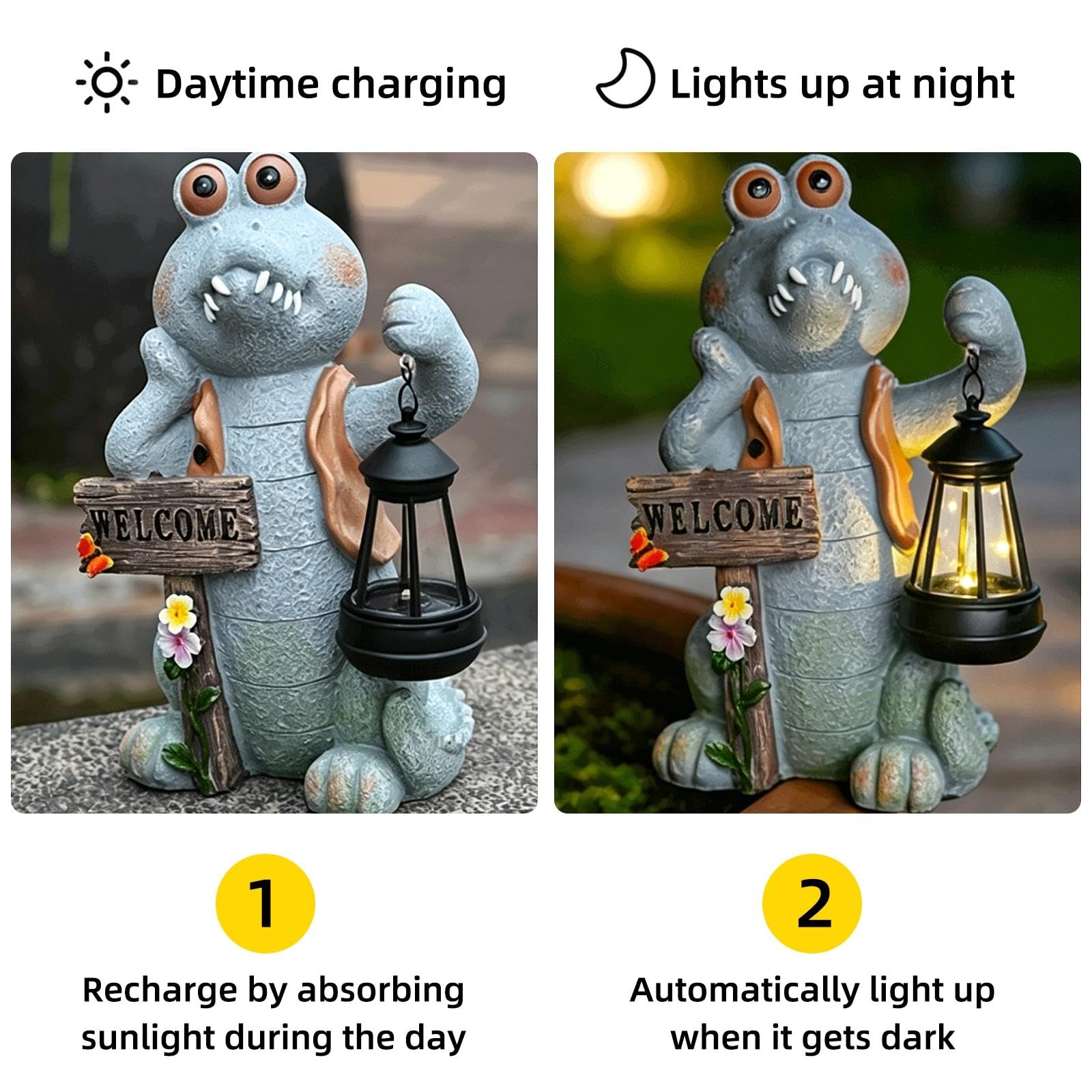 Solar Krokodil Gartenfigur,Niedliche Krokodilstatue mit LED Laterne,Lustiges Krokodil Figur mit Welcome Schild,Automatisch Wetterfest,Tierdeko für Außen Garten Rasen Terrasse Hof Balkon(Grau)