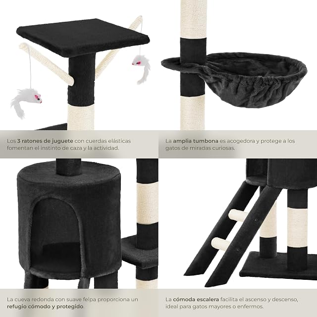 Foto 5 de 8 de tectake® Arbol Rascador para Gatos, Rascador 144cm, Caseta, Varias Alturas, 3 Ratones de Juguete, Nido…