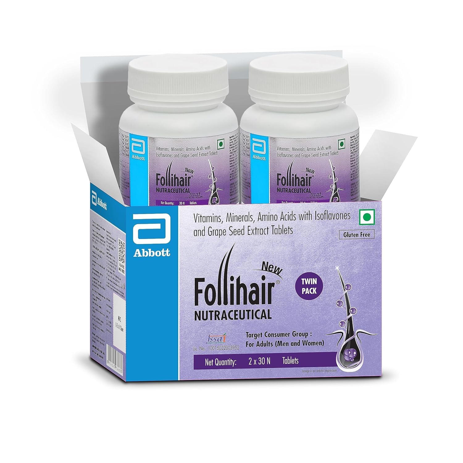 Product image of Follihair New By Abbott Helps Nourish & Strengthen Hair Follicles Tablet, Amino Acids, Vitamins, Minerals & Natural Extracts Twin Pack (30 X 2), 1 count, 30 capsules