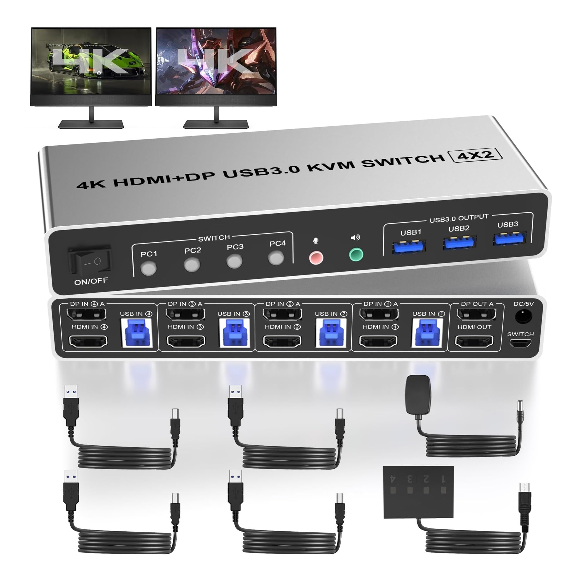 4K @ 60Hz USB 3.0 Displayport + KVM Switch 2 moniteurs 4 ordinateurs, 4 ports double moniteur + DP commutateur de moniteur for 4 PC,Commutation en douceur