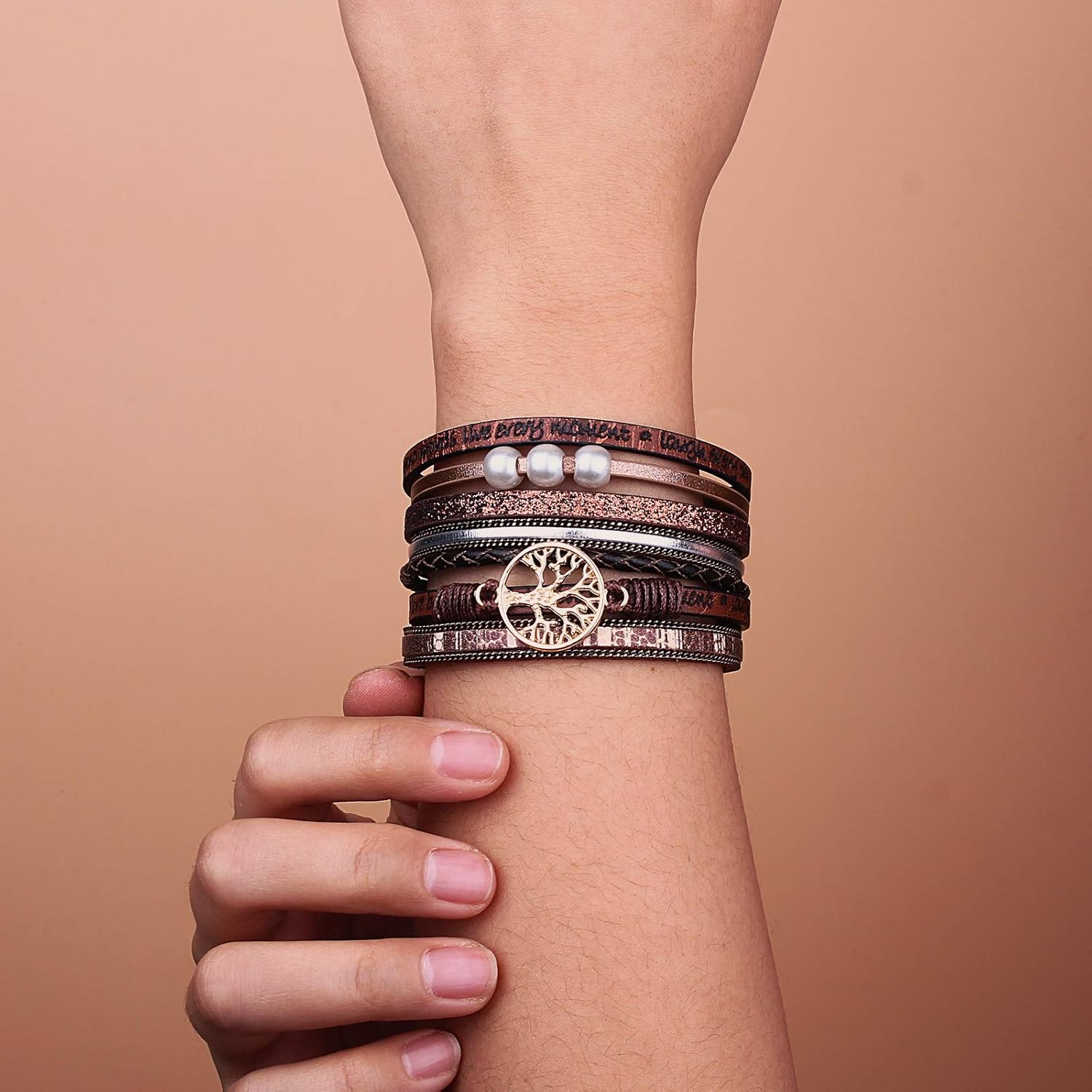 FANCY SHINY Tree of Life Leather Wrap Bracelet Inspirational Cuff Bangles Boho Pearl Bracelets with Magnetic Clasp Unique Jewelry Gifts for Women Coffee image 3 of 7 B08S47X1D1