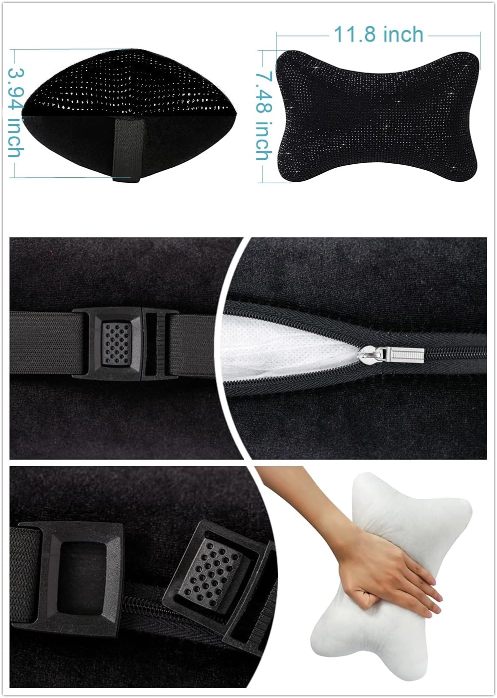 Carwales 2Pcs Neck Rest for Car Neck Pillow for Driver, Auto Seat Headrest Cushion Driving Relax Necksupport Black Diamonds Bling Car Accessories for Women Men High Grade