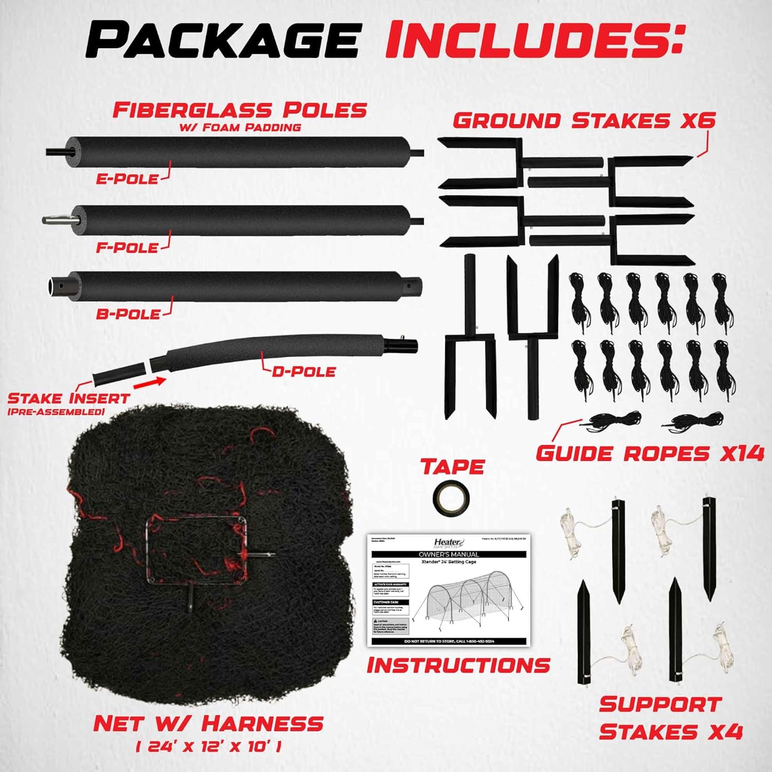 Heater Sports Xtender 24' Baseball & Softball Batting Cage Net & Frame (Machine NOT Included) - Durable Fiberglass Frame and Polyester Netting | Ideal for Batting Training for Kids, Teens, & Adults