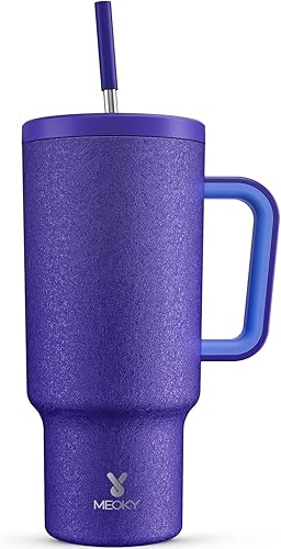 Meoky - Vaso de 40 oz con asa, tapa a prueba de fugas y pajita, taza de café y viaje térmica de acero inoxidable, mantiene el frío durante 34 horas