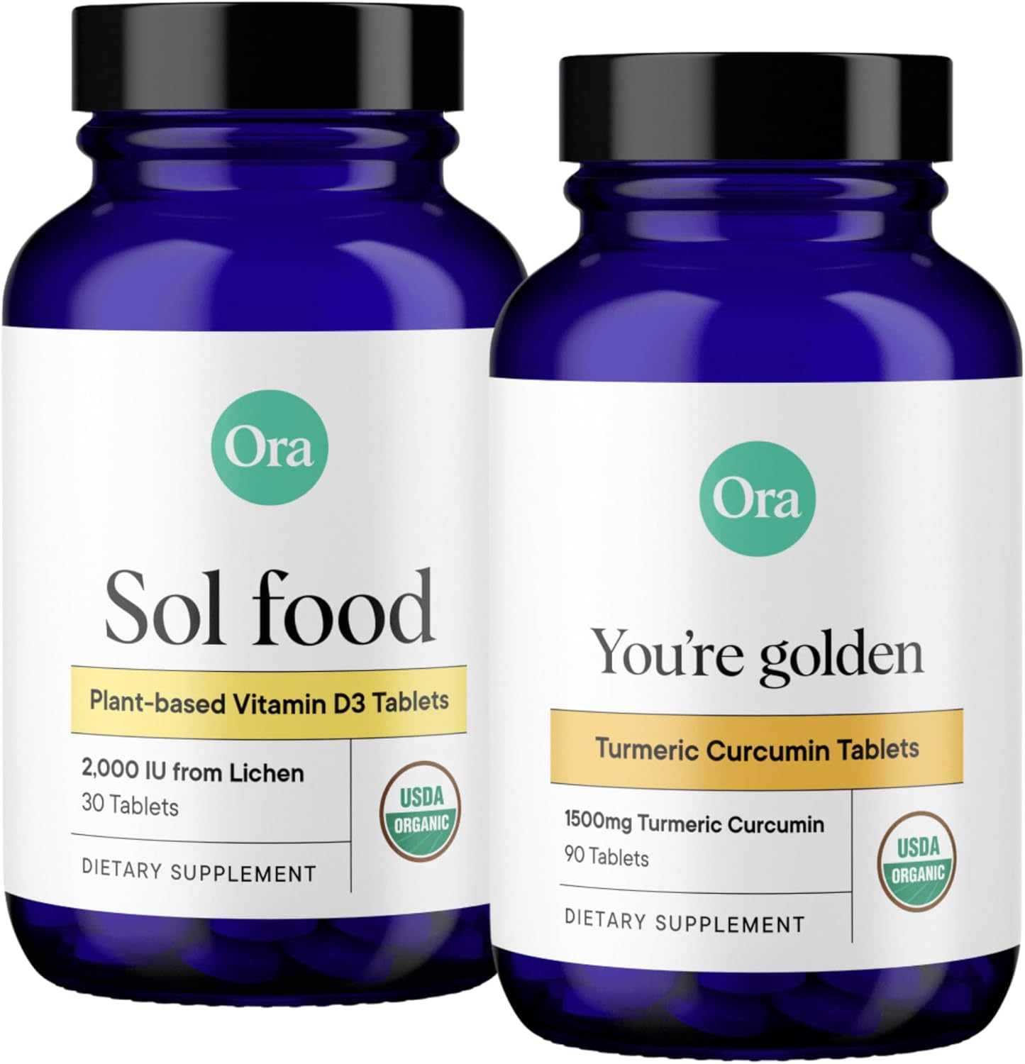 Ora Organic Vitamin D3 2000IU & Turmeric Curcumin Bundle: Vegan Vitamin D from Lichen for Bone Health, 30 Vegan Tablets + Pure Turmeric and Black Pepper Extract - 90 Tablets