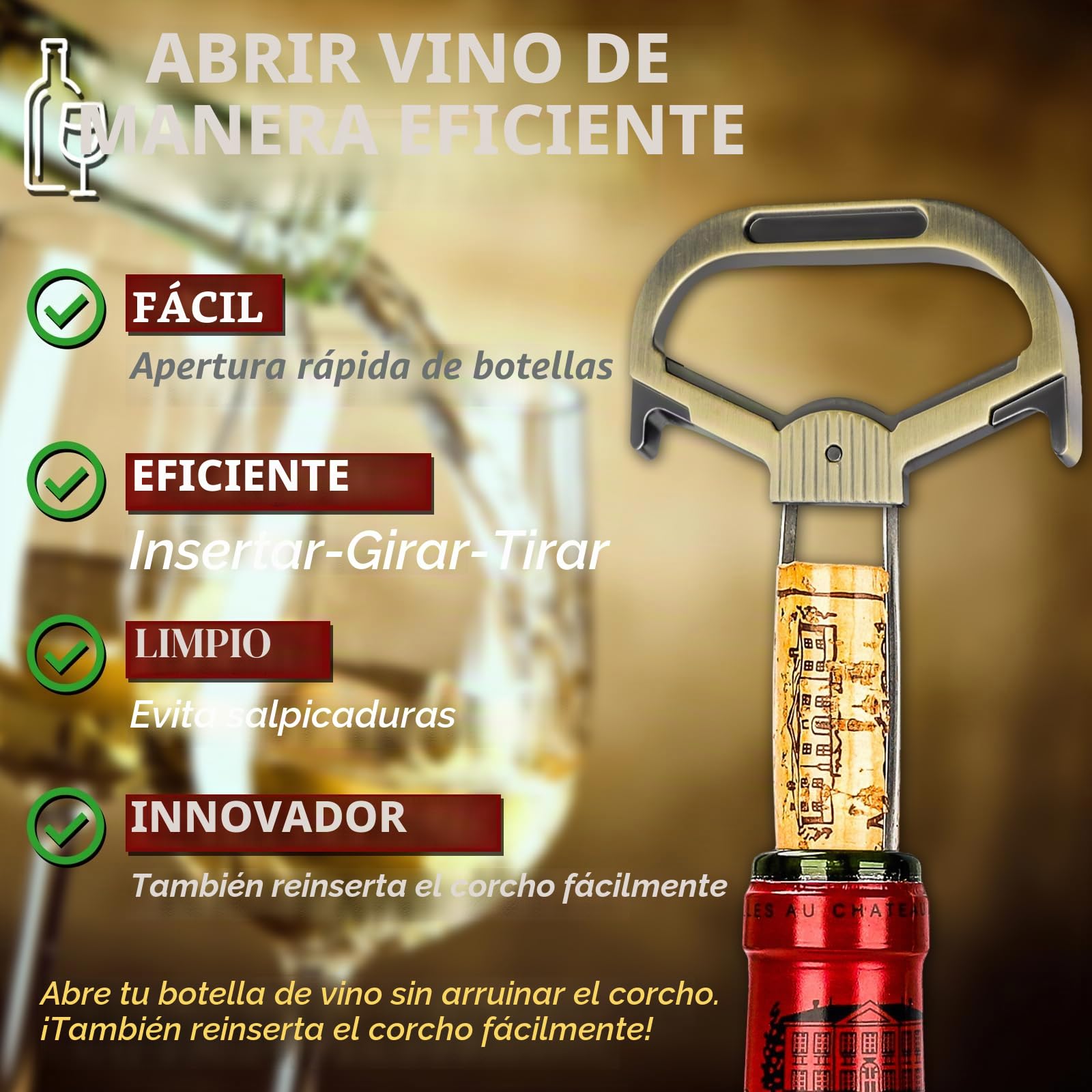 Ah So Abridor de Botellas de Vino, Sacacorchos para Vinos Antiguos con Funda de Piel Portátil, Extractor de Corcho de Dos Puntas, Regalo Ideal para Amantes & Conocedores de Vinos (Bronce2)
