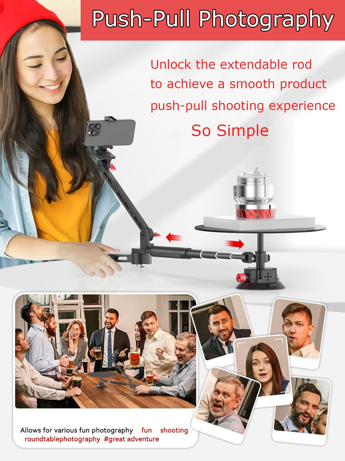 Piattaforma di ripresa portatile a 360°, piattaforma di ripresa surround orizzontale e sopraelevata, palo estensibile da 110 cm per cabina fotografica video