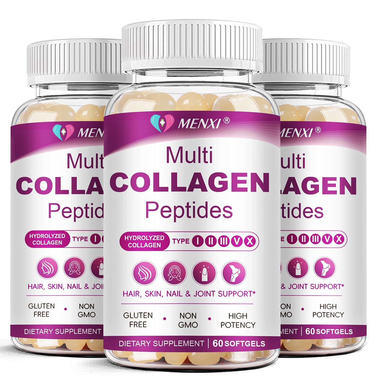 Multi Collagen Peptides Softgel for Women & Men - Type I II III V X, 180 CT 60 Count (Pack of 3)