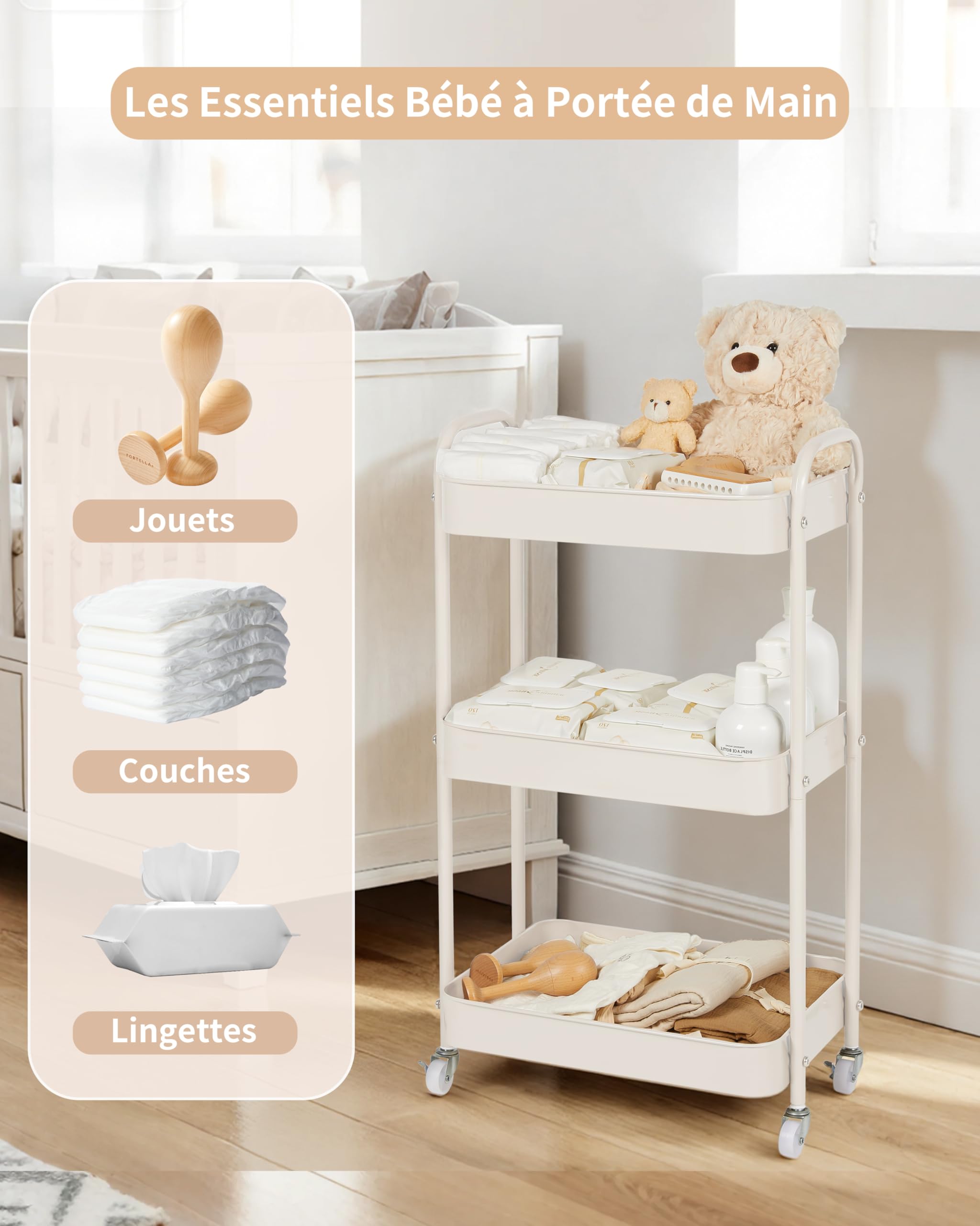 Fortella Desserte à Roulettes avec Panier Rangement Bébé, Chariot de Rangement 3 Niveaux, Sac a Langer Bebe Portable, rangement Table a Langer Bebe, Organisateur Cuisine Chambre, Salle de Bain (Beige)