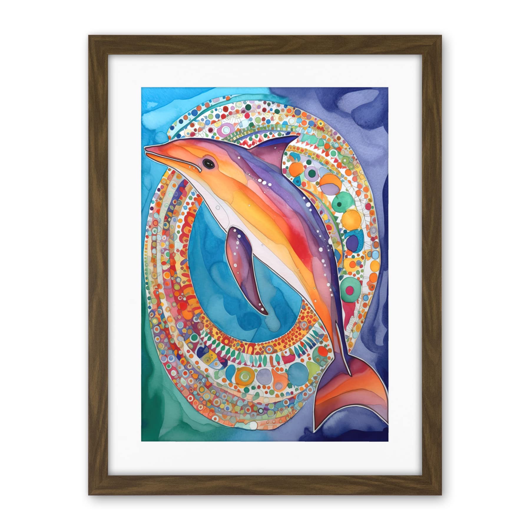 Artery8 Rainbow Dolphin And Pattern Hoop Folk Art Watercolour Painting Artwork Framed Wall Art Print 18X24 Inch