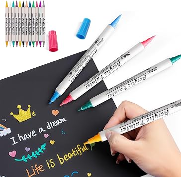 12 Dual Tip Acrylic Paint Markers, Acrylic Paint Pens, Fabric Markers for Rock, Wood, Ceramic, Canvas DIY Art Supplies Kit for Coloring Paint Dual Tip Dot + Fine, 2 Metallic Colors, Golden & Silver