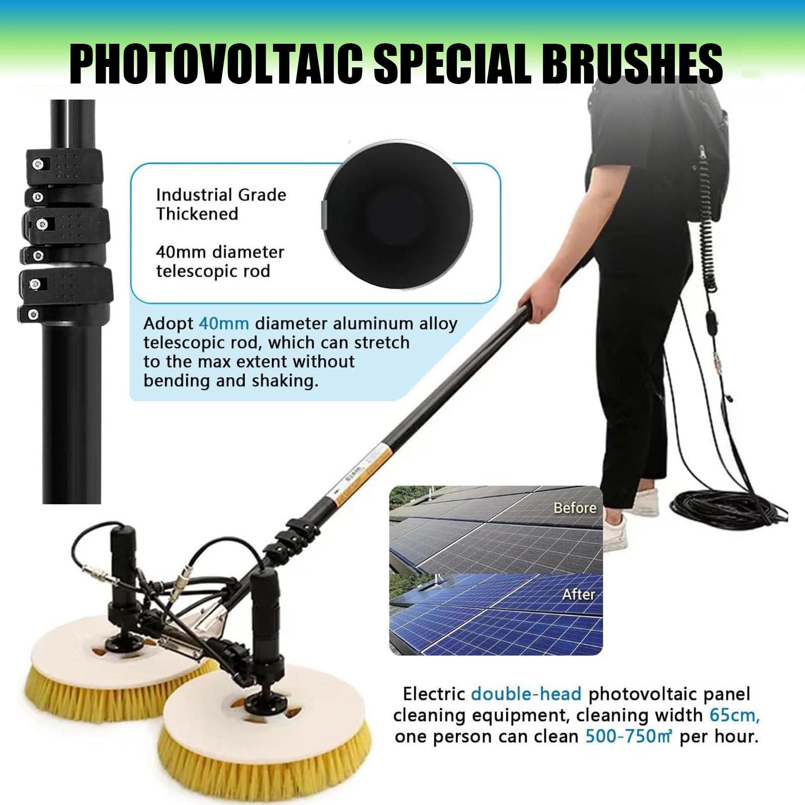 Brosse automatique à double tête avec tête de 65 cm de large, tige télescopique, système d'alimentation en eau pour façades et panneaux photovoltaïques, 3,5 m