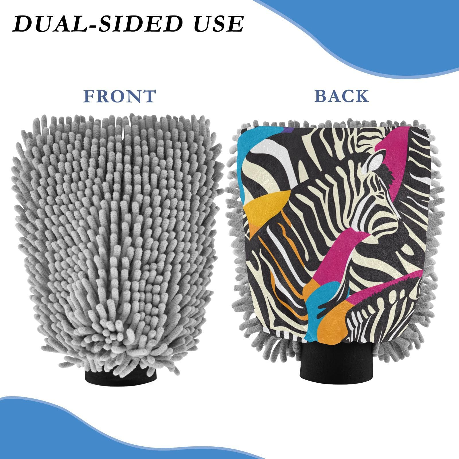 IOACIY Absorbent Microfiber Car Wash Drying Mitts, 2 Pack, Scratch-Free & Lint-Free, Rich Foam, Highly Absorbent, Double Sided, Wash Mitt Perfect for Car Washing, M, Zebra (1)