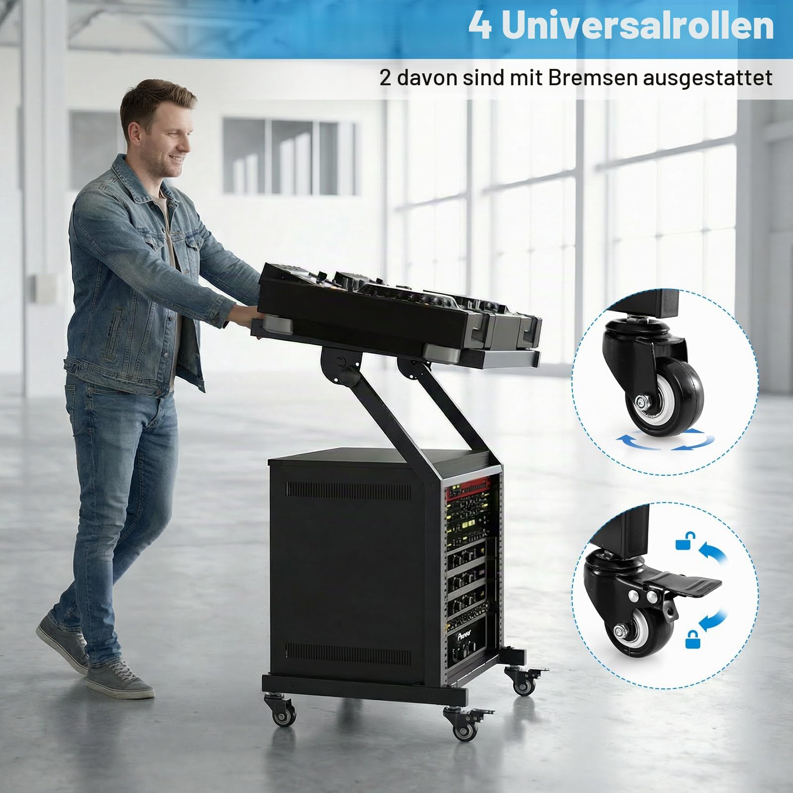 FANTASK mobiler Rack Wagen, 30" DJ Controller Ständer mit verstellbaren Querstreben & abschließbaren Rollen, DJ Rackhalterung Rollwagen für Musikstudio, Sound-Equipment