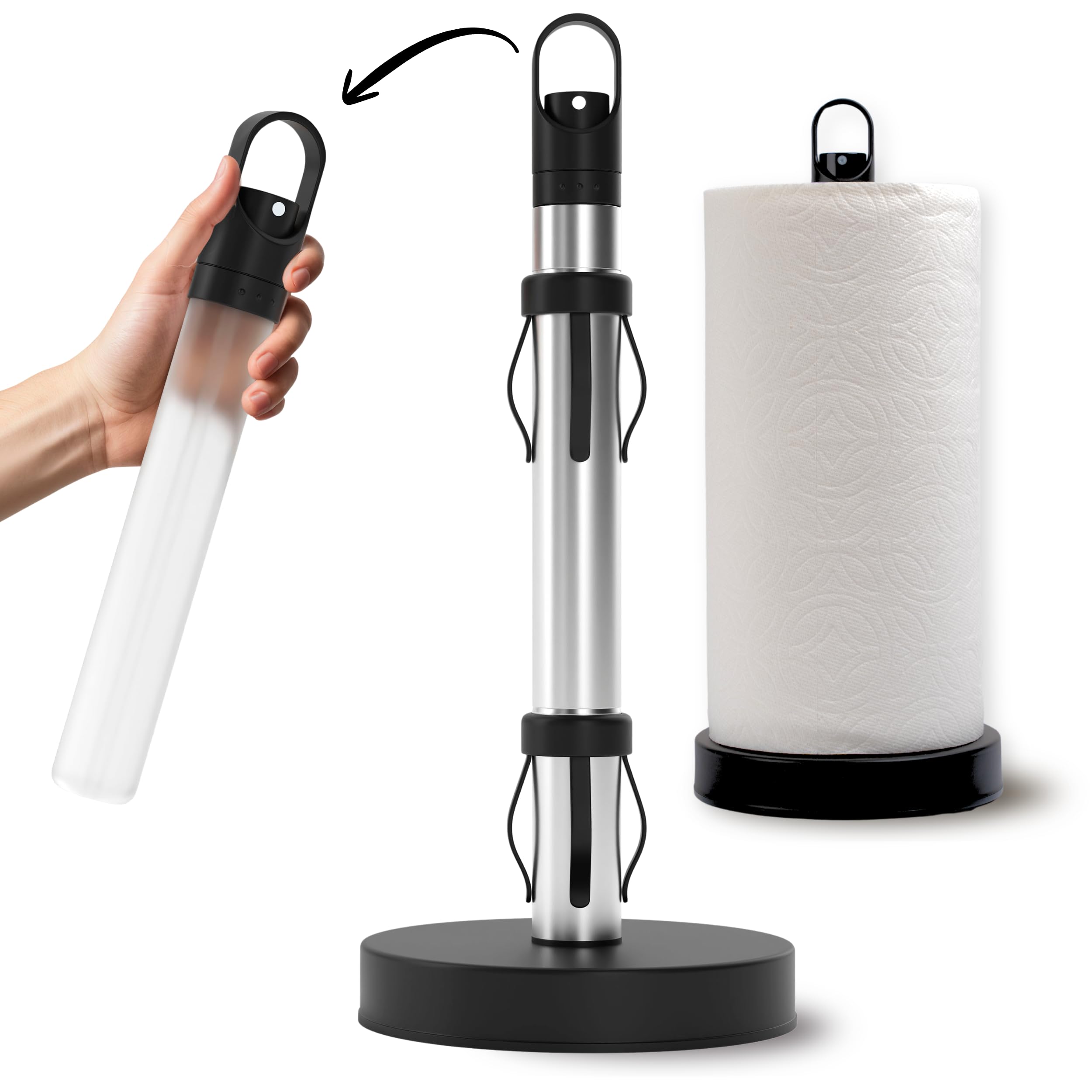 Dear Household Black Stainless Steel Paper Towel Holder With Spray Pump – One-Handed Tear, Smart Traction System, 5 Oz Sprayer Bottle, Heavy Duty Suction Cups, Weighted Base, Kitchen Towel Dispenser For Countertop Use