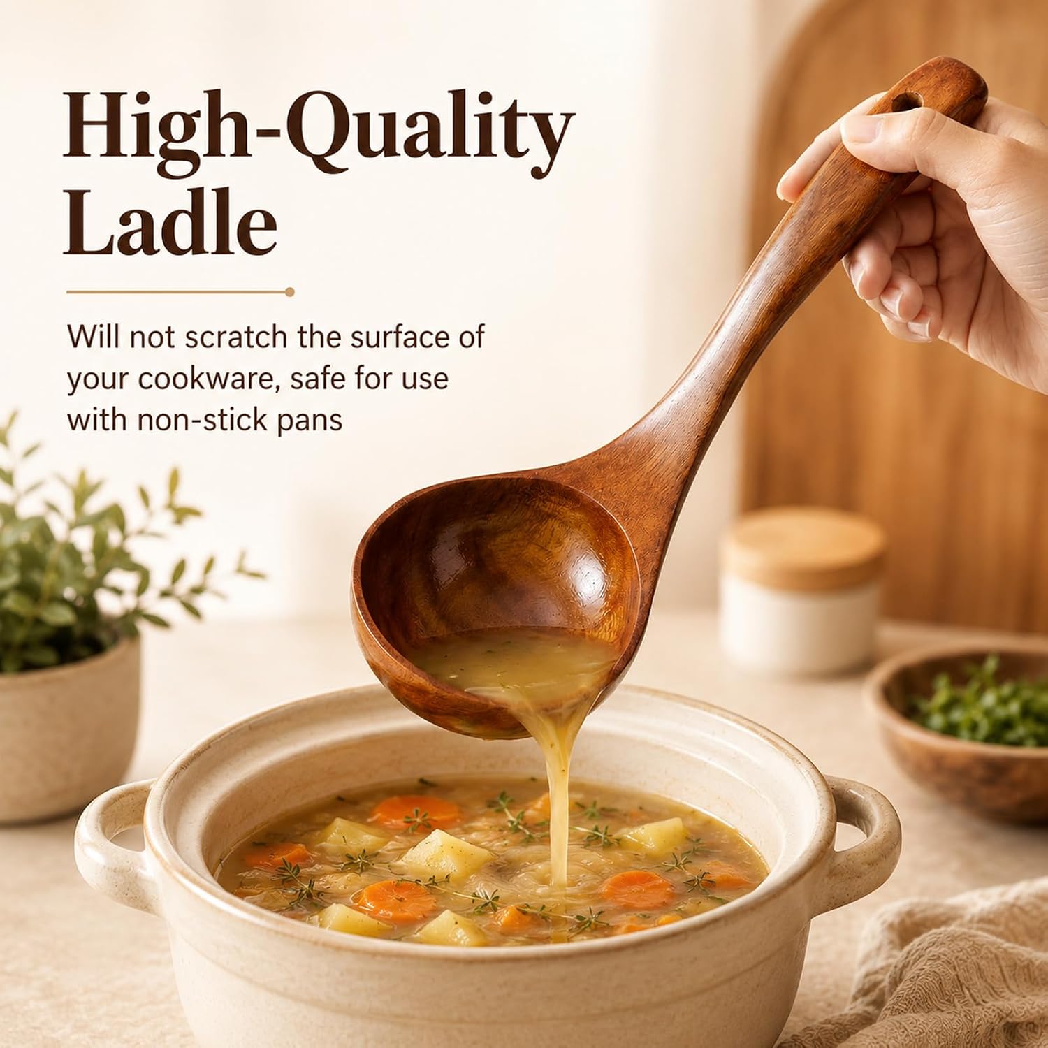 Wooden Ladle Soup Spoon Long Handle Serving Cooking 10.6inch, 1Pc
