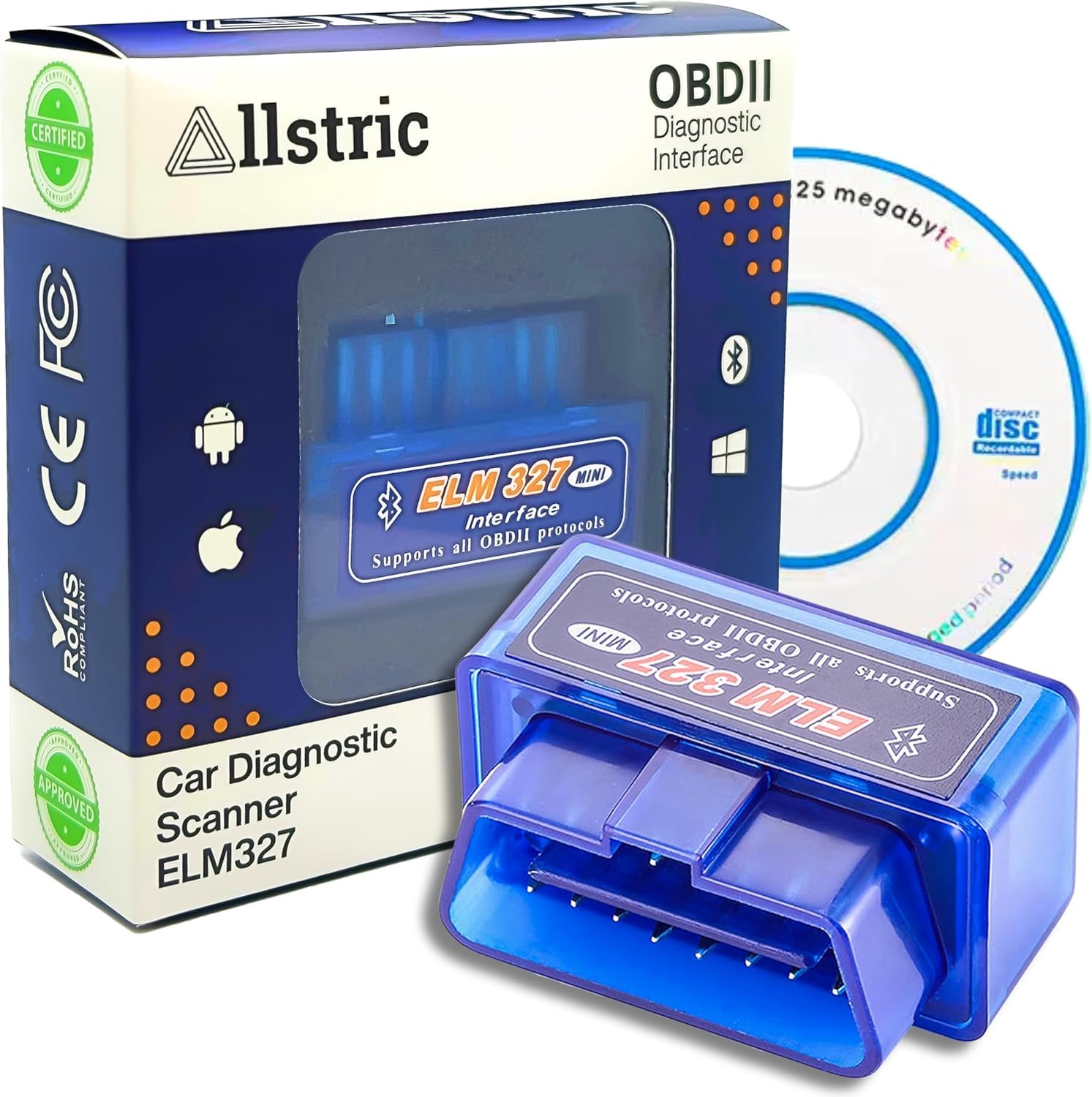 Allstric® OBD2 Diagnosegerät mit CD. ELM327 Auto Diagnosegerät für alle Fahrzeuge. Fehlercodes auslesen & löschen, Echtzeitdaten & Live-Diagnose. Kompatibel mit Windows, Android, iOS & OBD2 Bluetooth