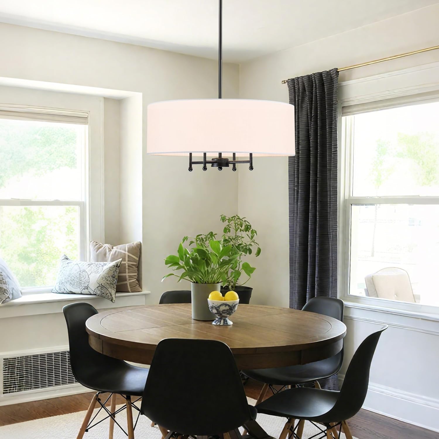 20" Black Drum Chandelier, 4-Light Modern Farmhouse Pendant Light Fixture with White Fabric Shade, Adjustable Hanging Height Chandeliers for Dining Room, Living Room, Bedroom, Entryway, Kitchen