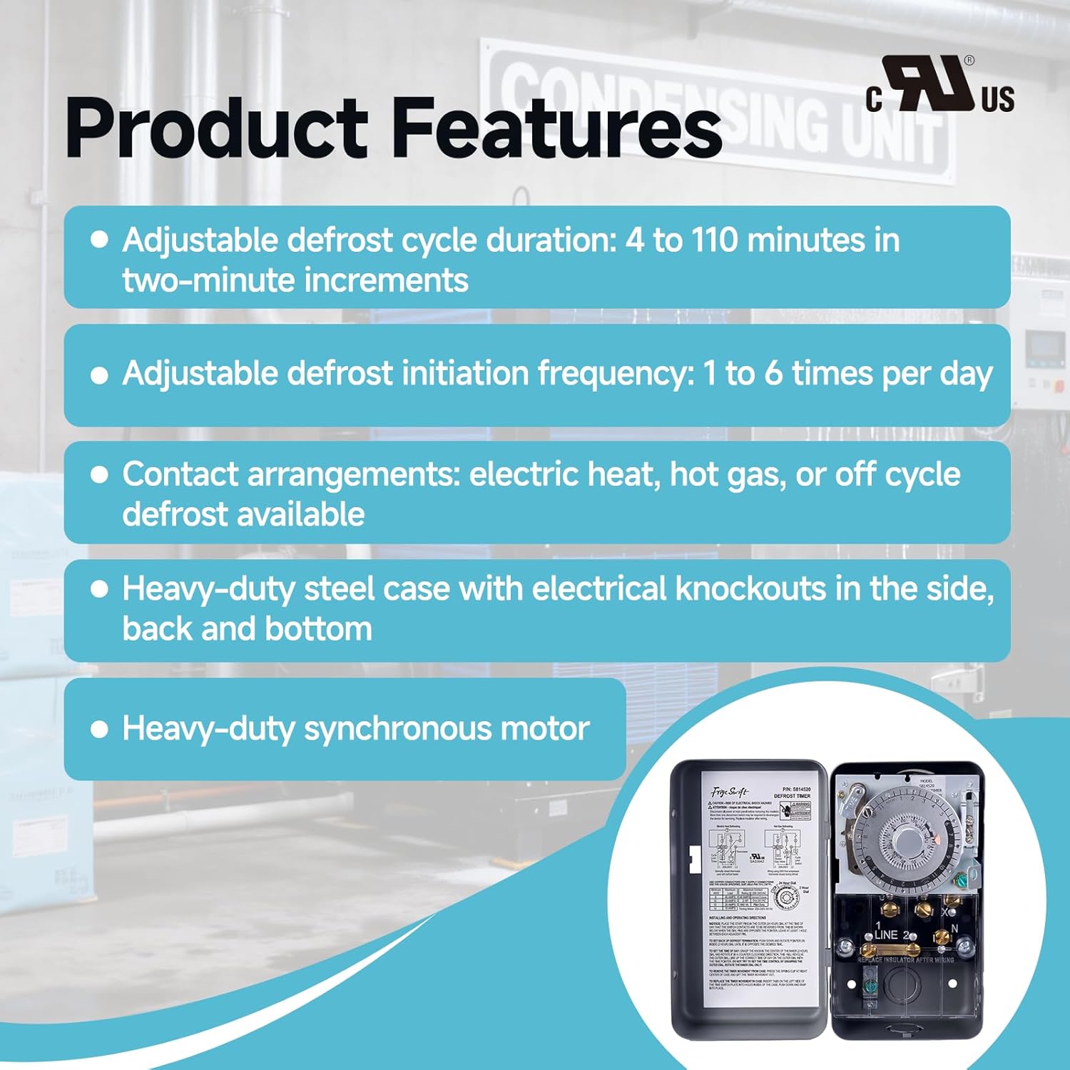 S8145-20 Commercial Refrigeration Defrost Control Timer, Double Pole Double Dial with Case, 40A 2HP, 208-240VAC 60Hz, for Walk in Boxes, Reach in Boxes, Refrigerated Cases