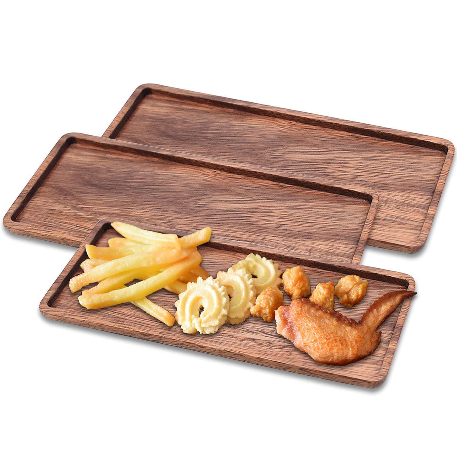 Linwnil Solid Wood Serving Platters, Set of 3Pcs 13.8in x 5.5in Trays of Natural Acacia Wood with Edge,Rectangular Avoid Sliding and Spilling Food