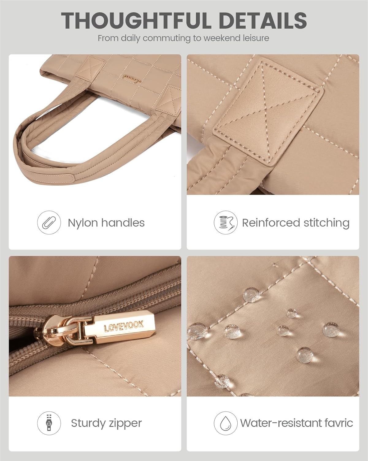 LOVEVOOK Laptop Tote Bag for Women, 15.6 Inch Large Puffer Work Computer Tote Bags for Teacher Nurse, Quilted Women's Purse Tote Shoulder Handbags with Zipper for Travel College Office, Coffee Brown - Image 8