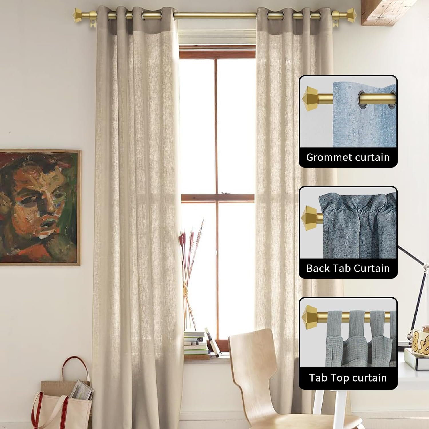 5/8" single Curtain Rod with Chiodo Finials 2set (Gold, 28"-48")