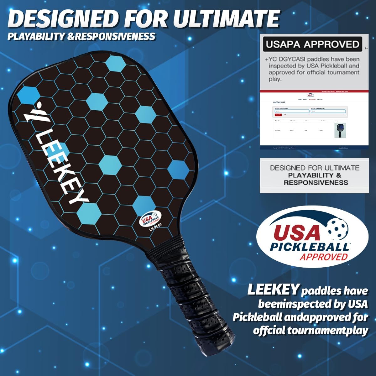 LEEKEY Pickleball Paddles Set of 2 - USAPA Approved Fiberglass Pickleball Racket, Racquet Made of Polypropylene Honeycomb Core,Lightweight Design Pickleball Paddles for Men Women Beginners