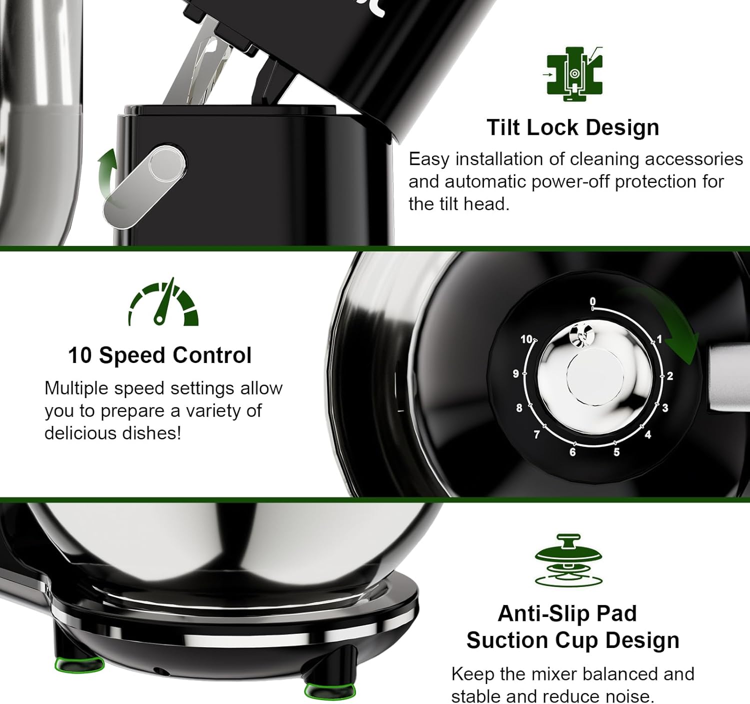 Camic Electric Stand Mixer,7.45 QT,10 Speeds with Dough Hook,Whisk, Flat Beater Attachments, Splash Guard, Easy-Carry Top Handle,3-IN-1 Kitchen Mixer for Baking Cakes Cookie Bread Salad (Black)