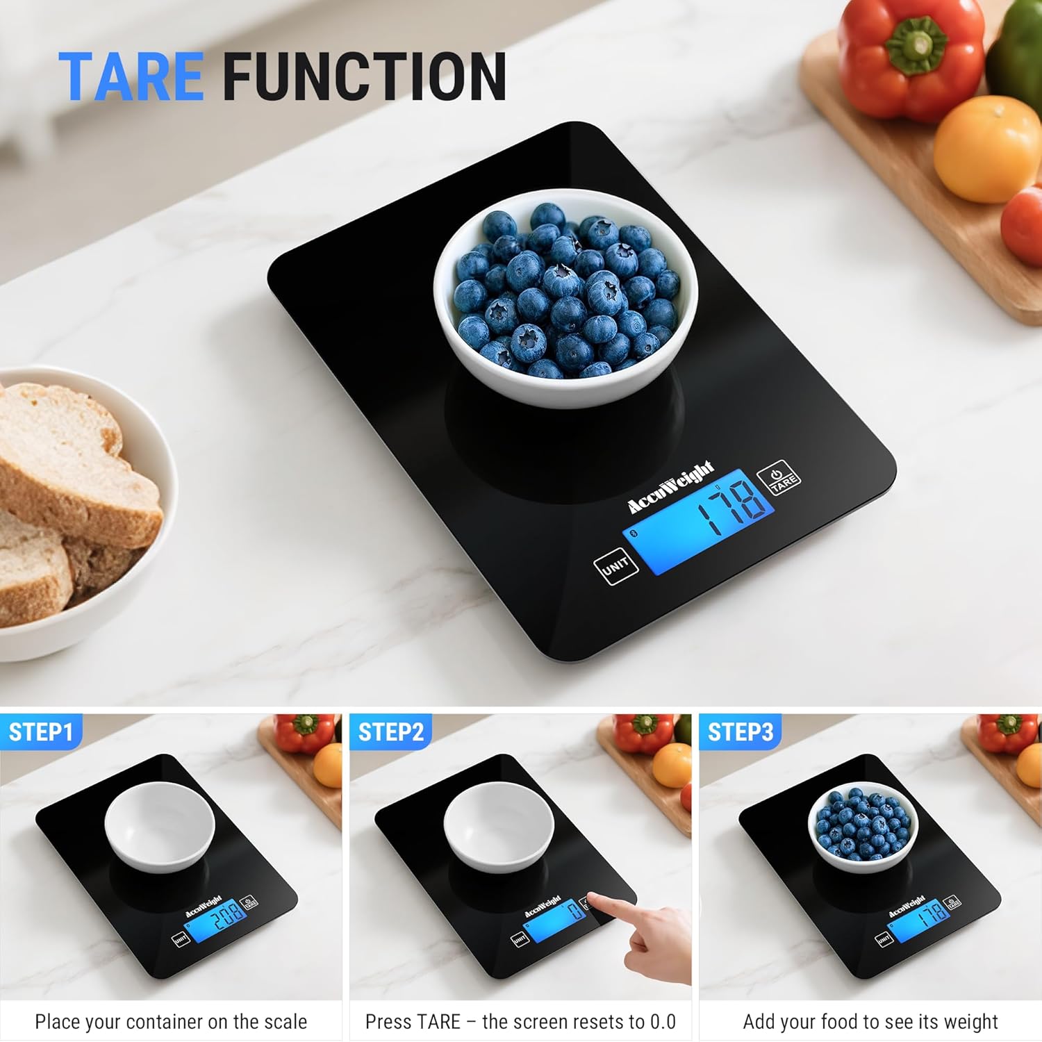 A three-step guide demonstrating the tare function of the ACCUWEIGHT CK780 scale, showing how to place a container, tare the scale, and add food for accurate measurement.
