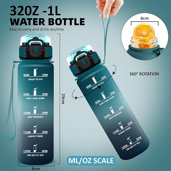 Gourde Sport 1 litre, Gourdes avec Paille, Anti Fuite Gourde Graduée pour 1 Journee, Verrou de Sécurité, Bouteille Motivation avec Marqueur de Temps pour Randonnée, Velo, Fitness, Extérieur - 5