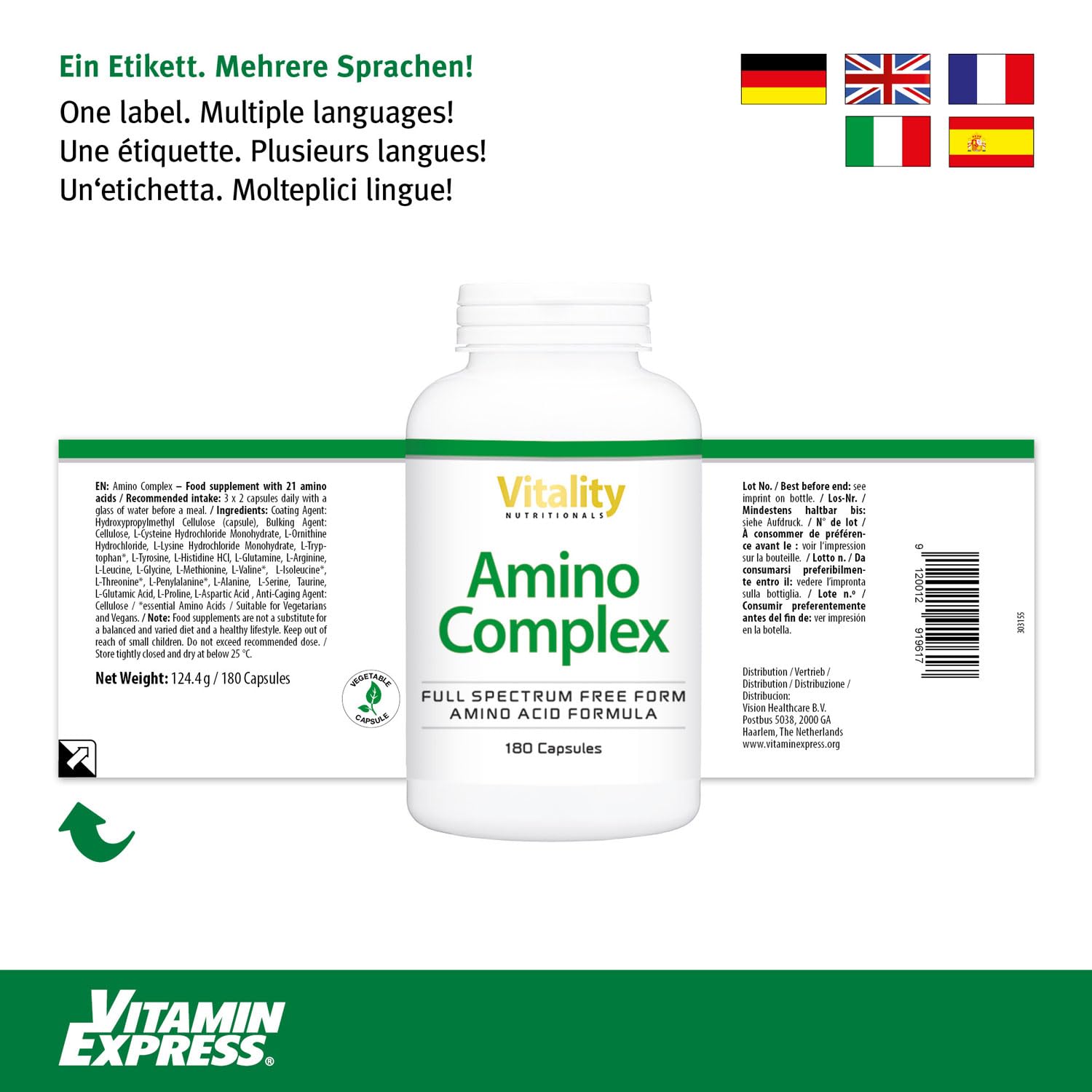 Amino Complex Kapseln Mit 21 Aminosäuren, Vollspektrum Freiform Aminosäuren Formel, Vegan (180 Stk) Vitality Nutritional by Vitamin Express
