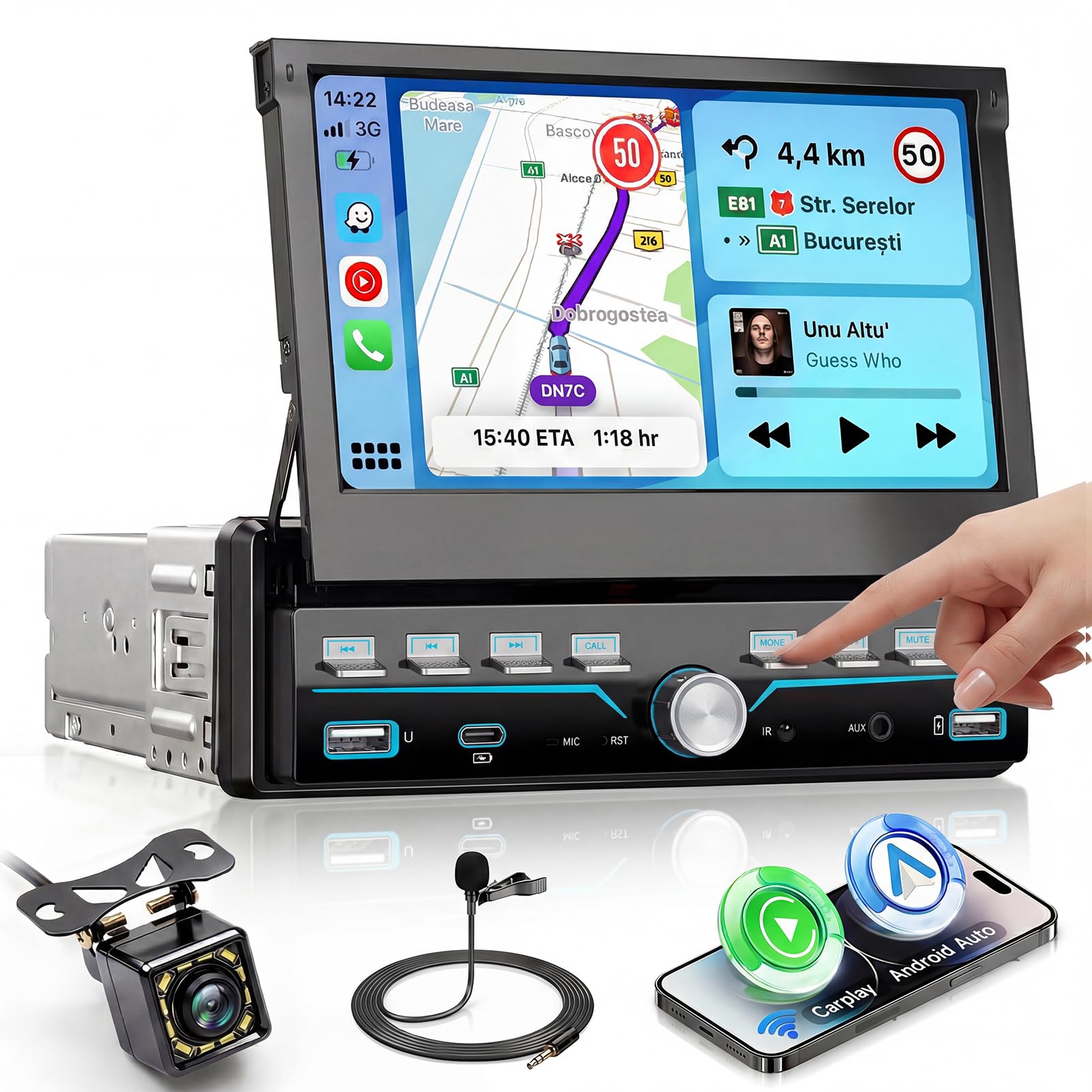 VECHETEL Autoradio 1 DIN con CarPlay Android Auto,schermo estendibile manualmente da 7" con tasti a pianoforte,radio FM con Bluetooth,GPS/Navi,2 USB/Type-C,telecamera posteriore e comandi al volante