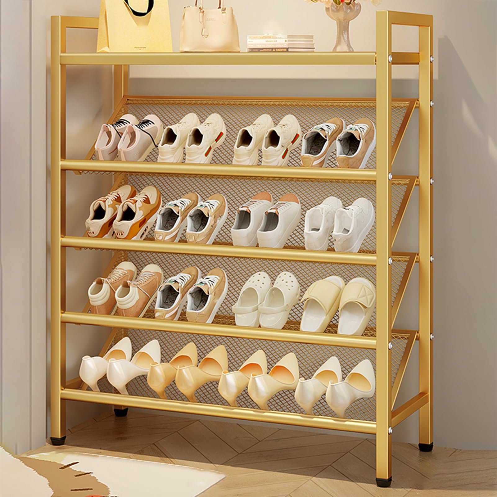 Scarpiera alta e stretta Scarpiera verticale con organizer for scarpe angolare salvaspazio aperto for ingressi di piccoli spazi(Gold,70x114cm)