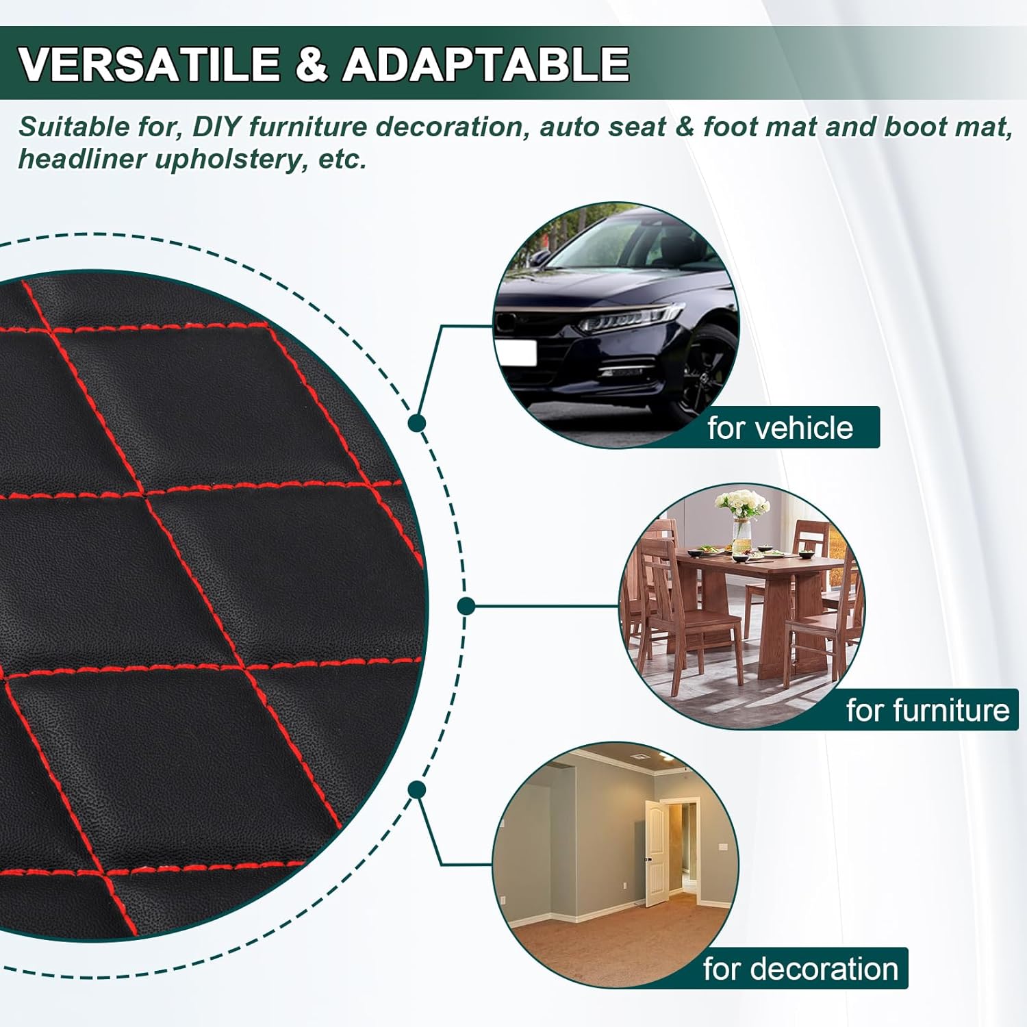 Vinyl Faux Leather Quilted Fabric Foam Backed,Waterproof Leatherette for DIY Upholstery Sold by Yard, Black (Red Thread)