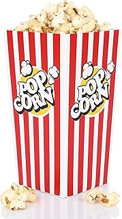 FunX Cajas de papel kraft para palomitas de maíz, paquete de 12 unidades, grandes para cine, cumpleaños y fiestas de pijamas, 9 x 9 x 17 cm, a rayas rojas y blancas