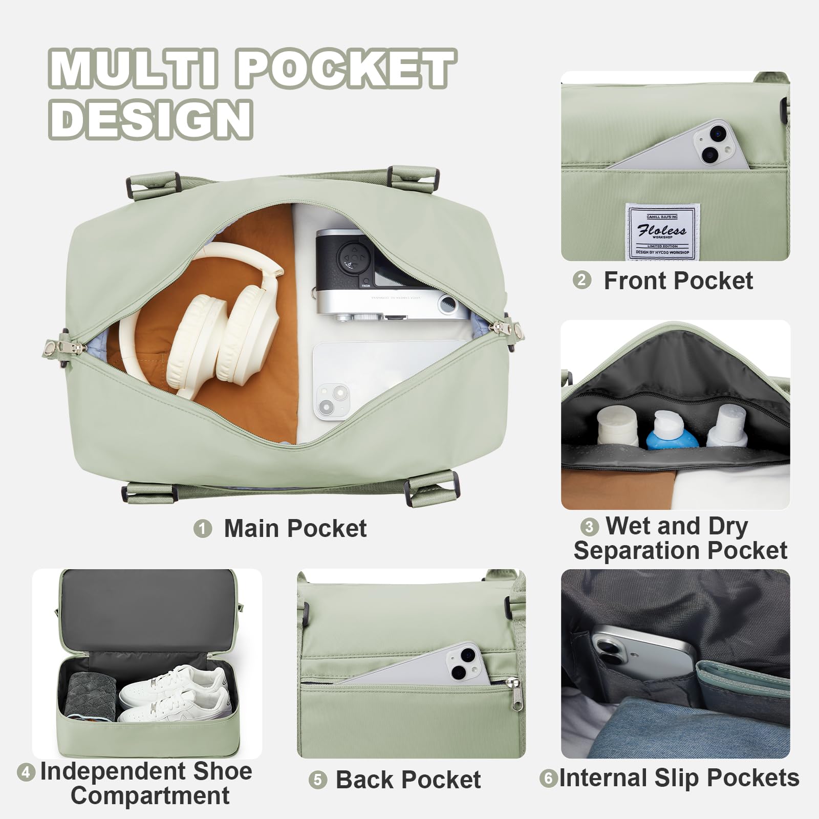 WEPLAN Borsone da Viaggio Donna 40x20x25 Ryanair Borsa da Viaggio Aereo Bagaglio a Mano Borsone Palestra Donna Weekend Ospedale Borsa Sportiva Piscina con Scomparto per le Scarpe,Bianco Verde